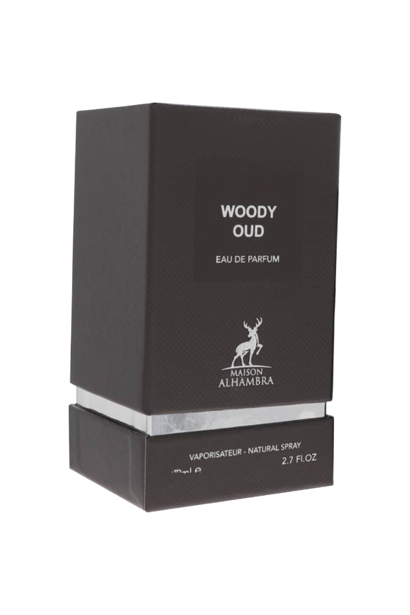 PERFUME WOODY OUD MAISON ALHAMBRA – EAU DE PARFUM – 80ML – UNISEX caja